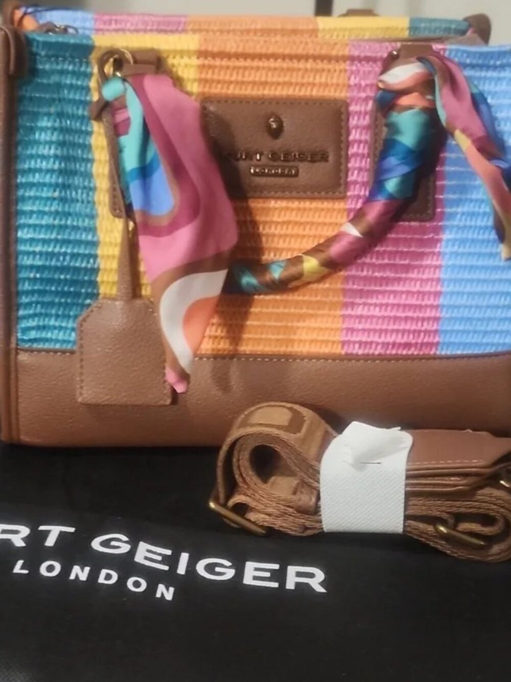 Kurt Geiger Chiswick Raffia Striped Tote Dual Top Handles + Crossbody Strap NWT